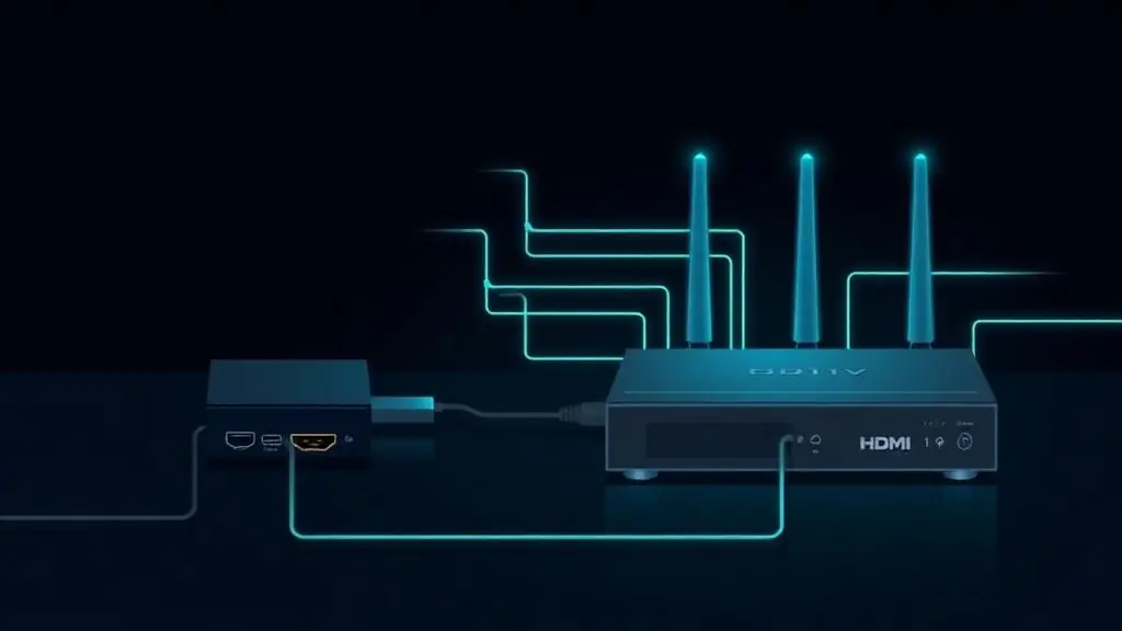 HDMI to IPTV encoder wired between a source device and a router