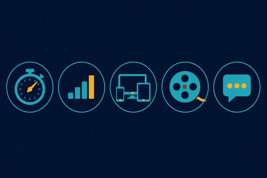 Infographic of five criteria used to compare the best IPTV services: load speed, stability, devices, VOD and support
