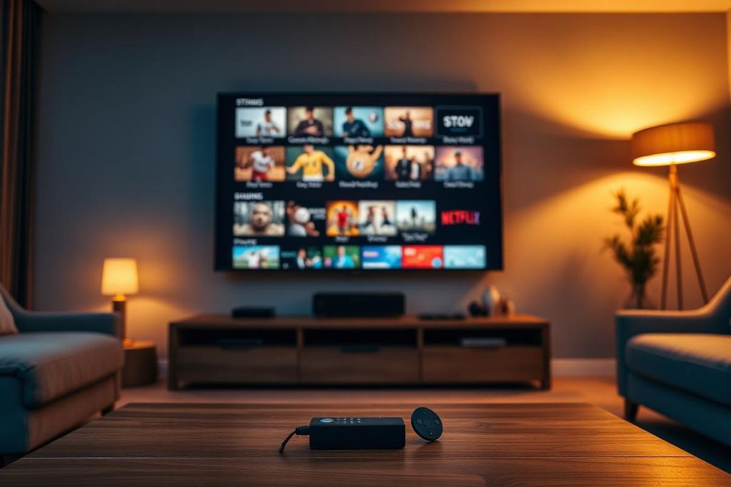 American living room with a television showing the best IPTV subscription USA channel guide beside a streaming stick and remote