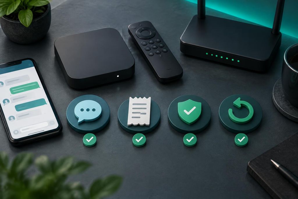Streaming device, router, support chat, receipt, security, and refund symbols used to check an IPTV seller