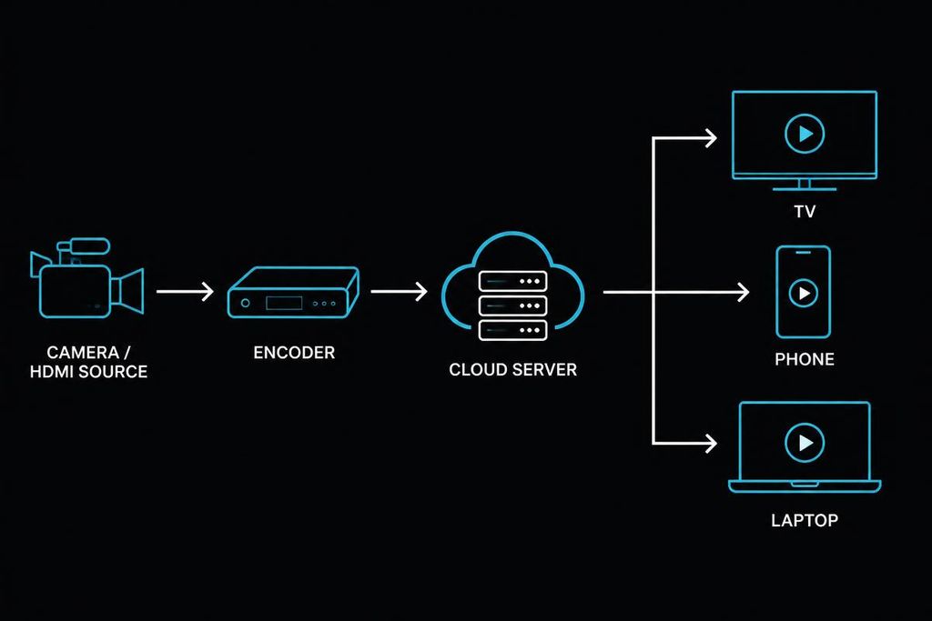 Diagram showing 4K IPTV Encoder workflow from source to viewer