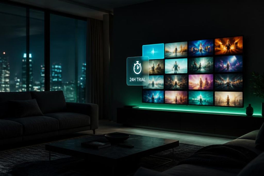 Living room TV showing a live channel grid during the best IPTV free trial test session