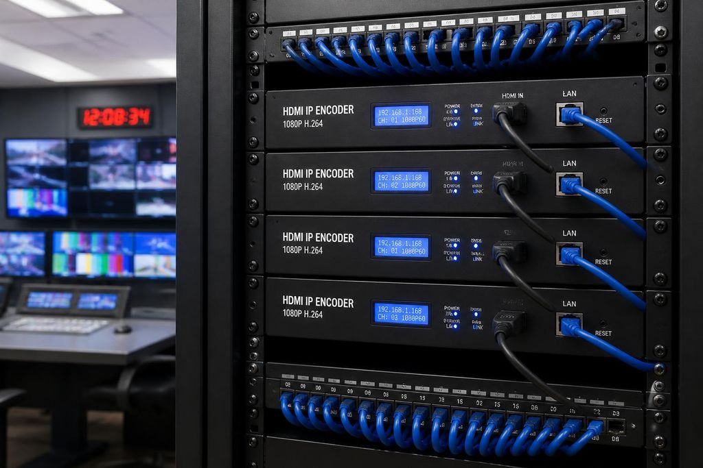 Rack mounted 4K IPTV encoder feeding an HDMI to IPTV headend through a network switch