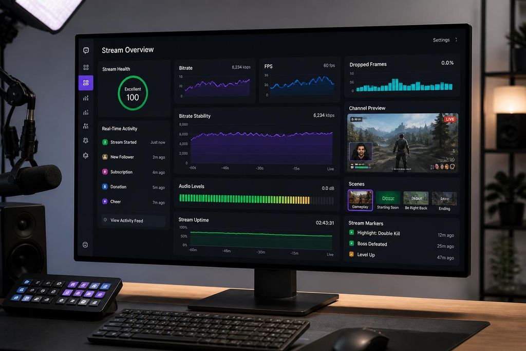 Stream monitoring dashboard showing bitrate and dropped frames for a live HDMI to IPTV converter feed