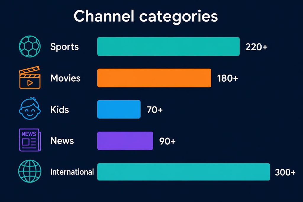 Chart of IPTV channel categories showing sports, movies, kids, news and international counts