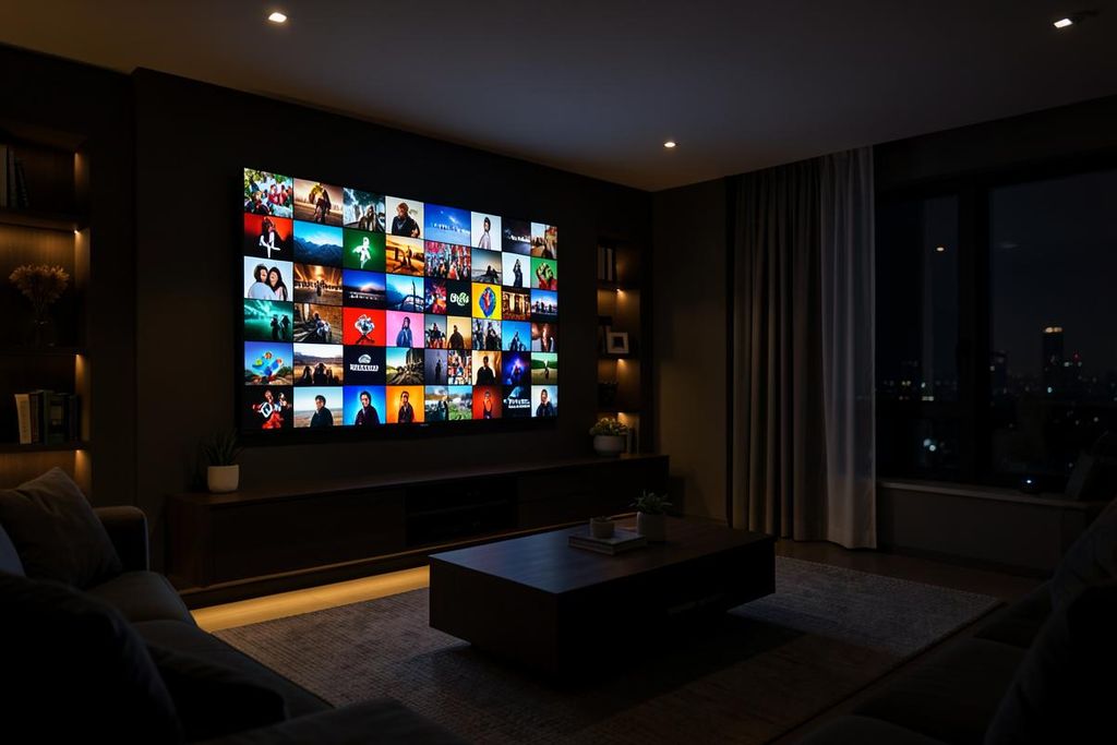 Television showing a wall of live IPTV channels in a dark living room