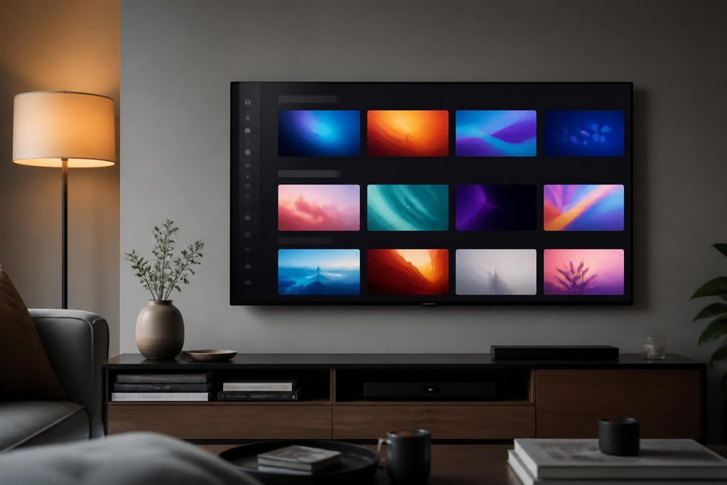 Living room TV running an IPTV player app with a grid of channel tiles