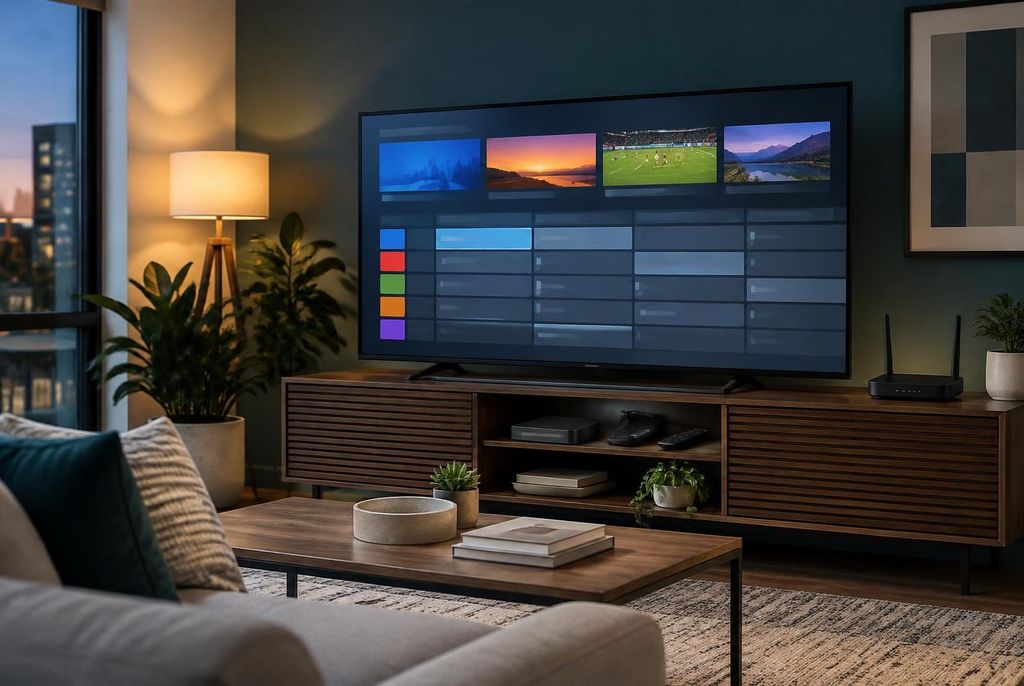 IPTV USA setup with television, streaming device, remote, and home router