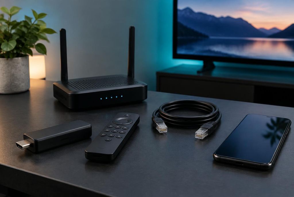 Router, Ethernet cable, streaming stick, remote, and phone needed for IPTV in the United States