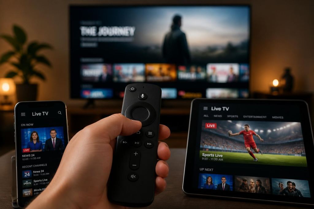 Viewer holding a streaming remote while a phone and tablet show the same live TV guide, illustrating multi-device IPTV subscription access