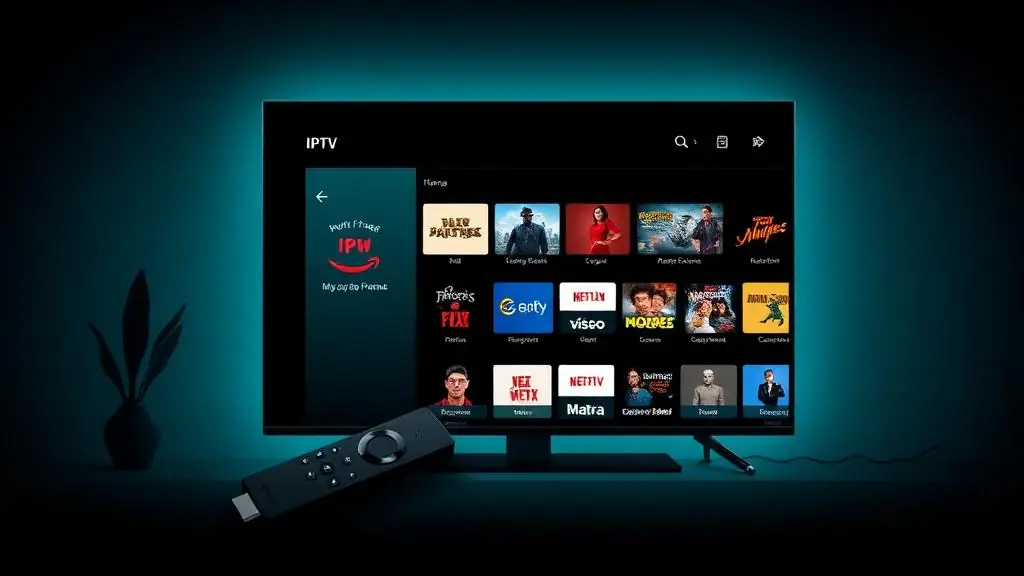 IPTV Smarters app open on a Firestick home screen with the channel grid loaded