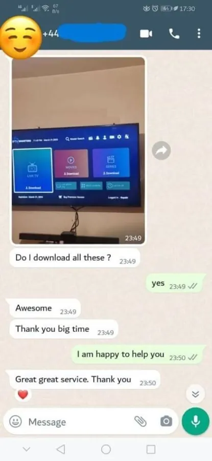 WhatsApp customer testimonial IPTV service working perfectly