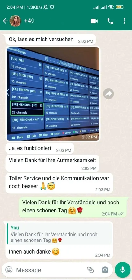 WhatsApp customer testimonial IPTV service working perfectly